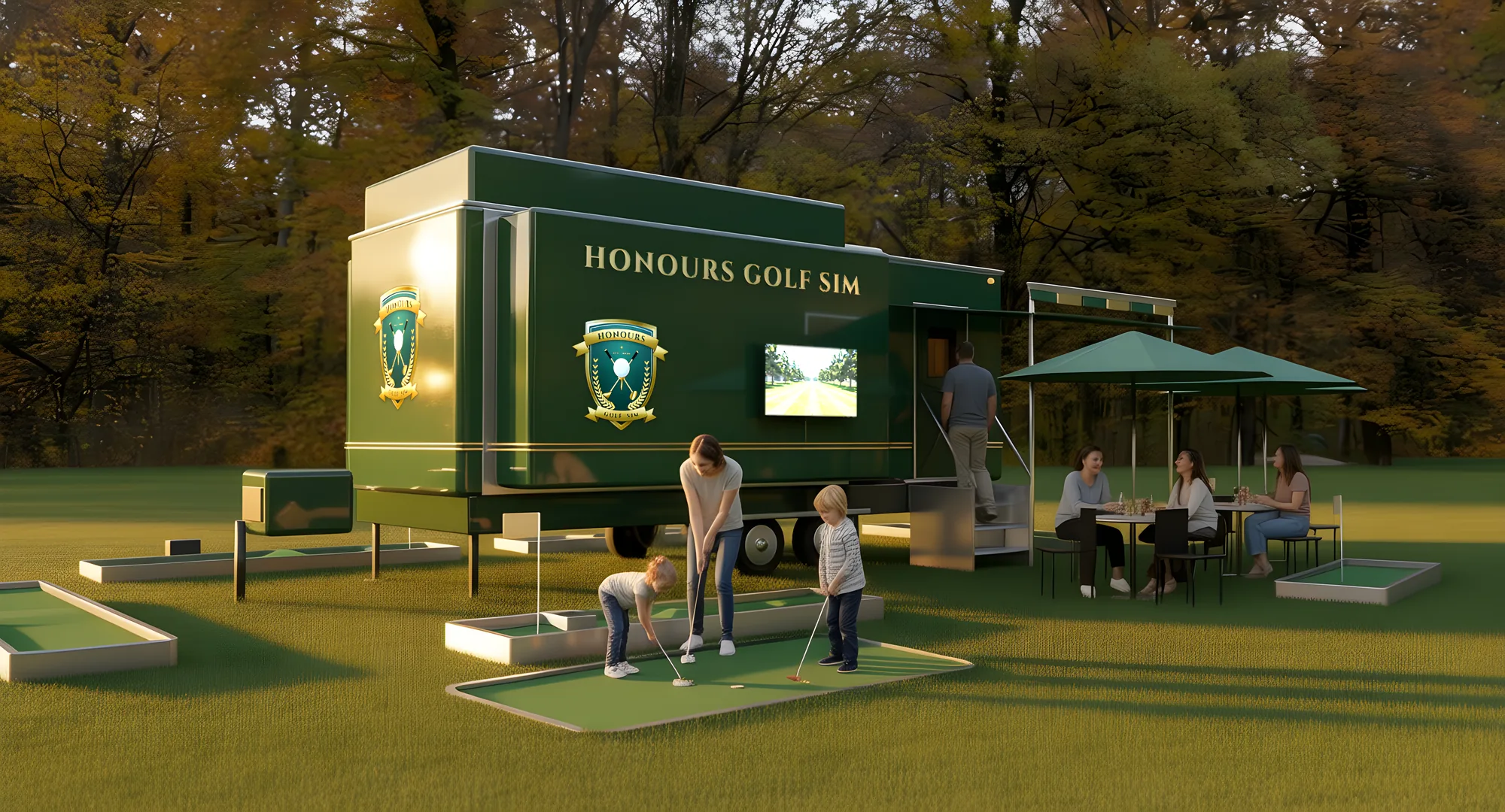 Family putting on the mini golf course next to the trailer